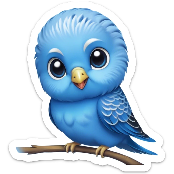 Cinematic Cute Blue Budgie Portrait Emoji, Head tilted playfully and inquisitively, featuring a brilliant blue feathered fur with a natural sheen, round, sparkling dark eyes filled with curiosity, Simplified yet irresistibly adorable features, highly detailed, glowing with a warm, friendly glow, high shine, affectionate and lively, stylized with a touch of whimsy, bright and endearing, soft glowing outline, capturing the essence of a mischievous yet loving budgie, so playful it feels like it could chirp out of the screen and into your arms! sticker