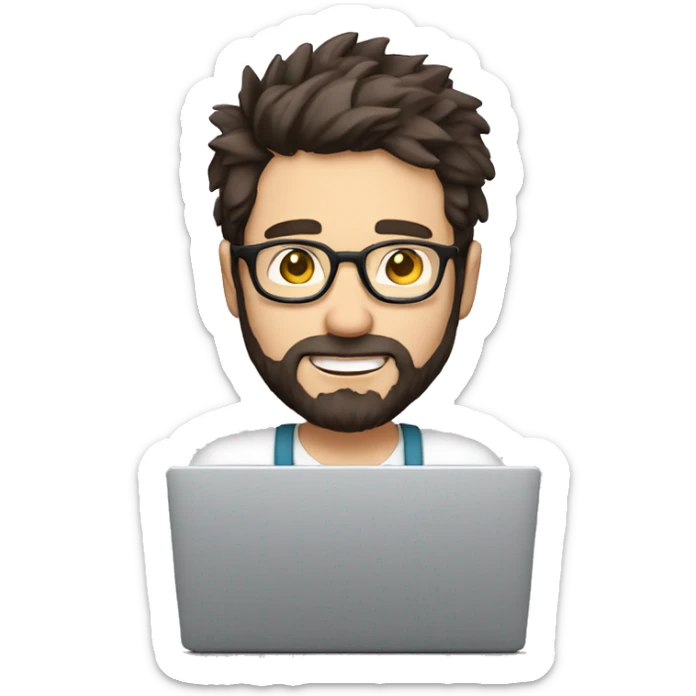 man with light skin, short messy hair, dark brown hair, with round glasses, with a beard and a short nose. Happy computer technician with a laptop sticker
