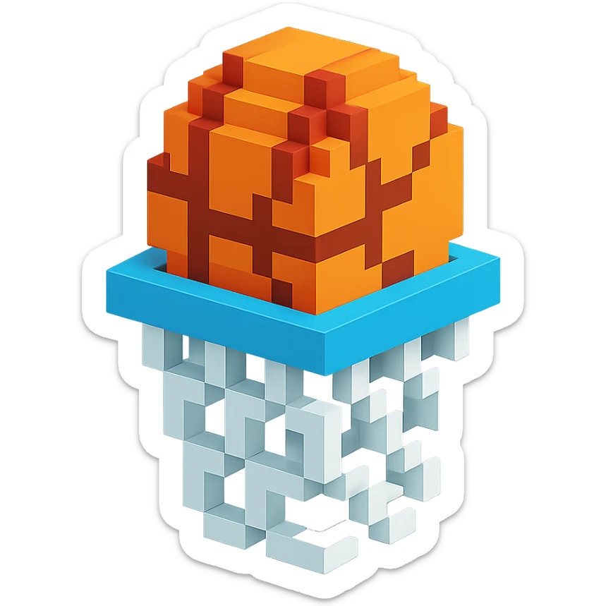 Voxel-style basketball in a net, no background, variation 3. sticker