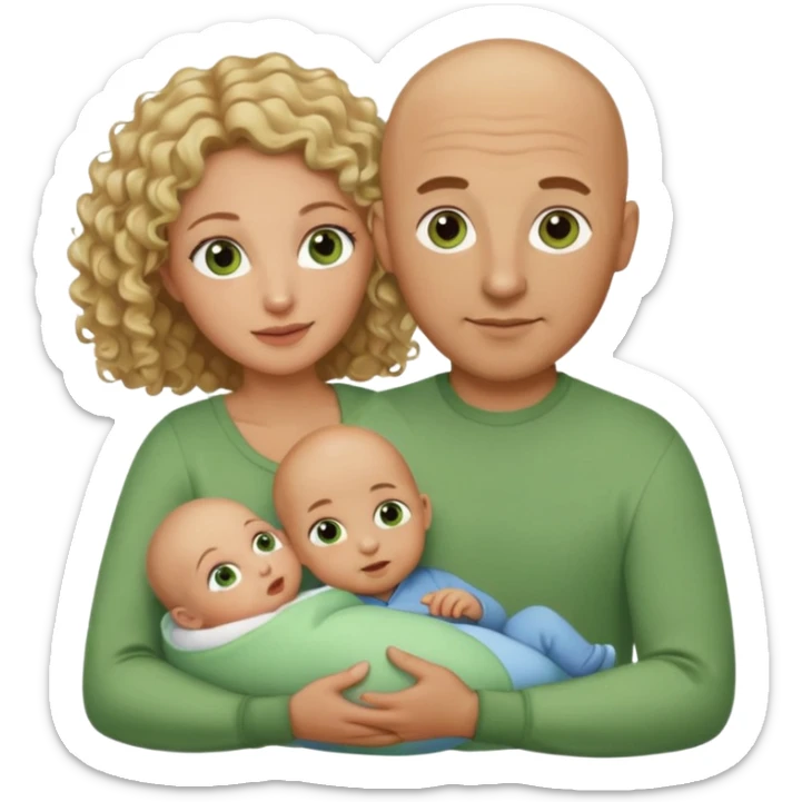 Un hombre calvo de ojos marrones con su mujer rubia de pelo rizado y ojos verdes sosteniendo un bebé niño de pelo rizado moreno y de ojos marrón verdoso sticker