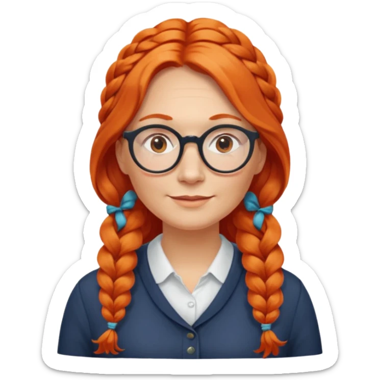 Norwegian woman, middle-aged, long wavy orange-red hair in a single plait on one side, big round glasses sticker