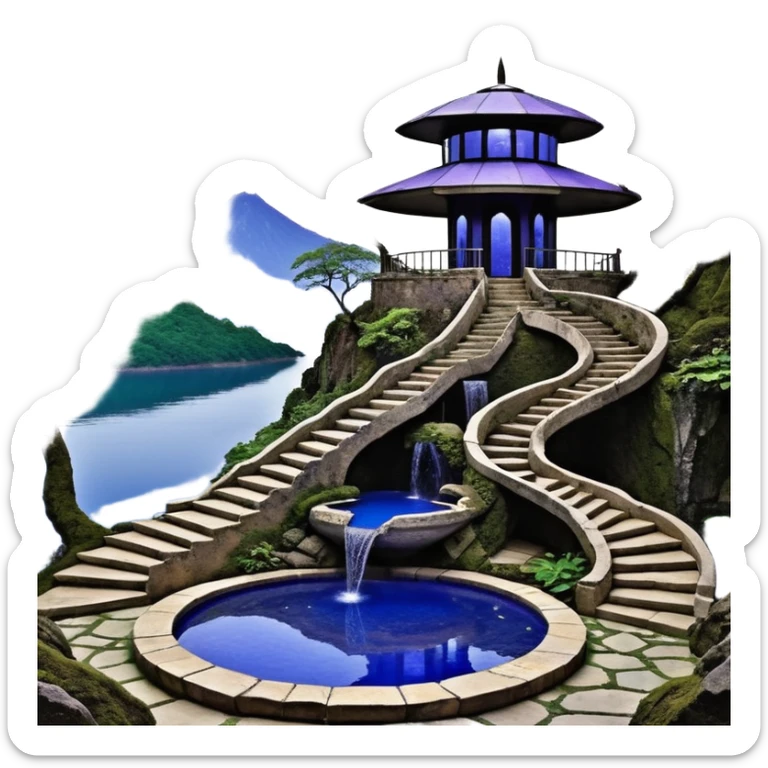 Alien saucer poolhouse jungle winding narrow stairway fountain lakeside mountainside -island getaway nighttime landscape antique mudman very old broken cracked intricate Stone Age lapis-crusted irregular dodecagon-shaped shallow dark moss rough bark violet serissa flowered maple tree bonsai sticker
