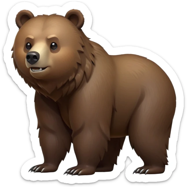 cinematic-[grizzly bear]-realistic-full-body-standing on all fours-emoji,-tail-tucked-close,-head-tilted-dramatically,-thick-[dark brown]-fur,-simplified-yet-realistic-focused-features,-highly-detailed,-glowing-with-an-almost-sarcastic-glow sticker