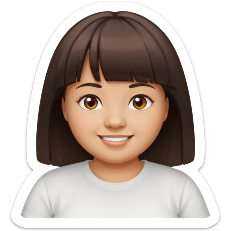 27 year old woman with tan skin, dark brown hair with blunt cut bangs, chubby face, brown eyes, smiling without teeth showing, white tee shirt sticker