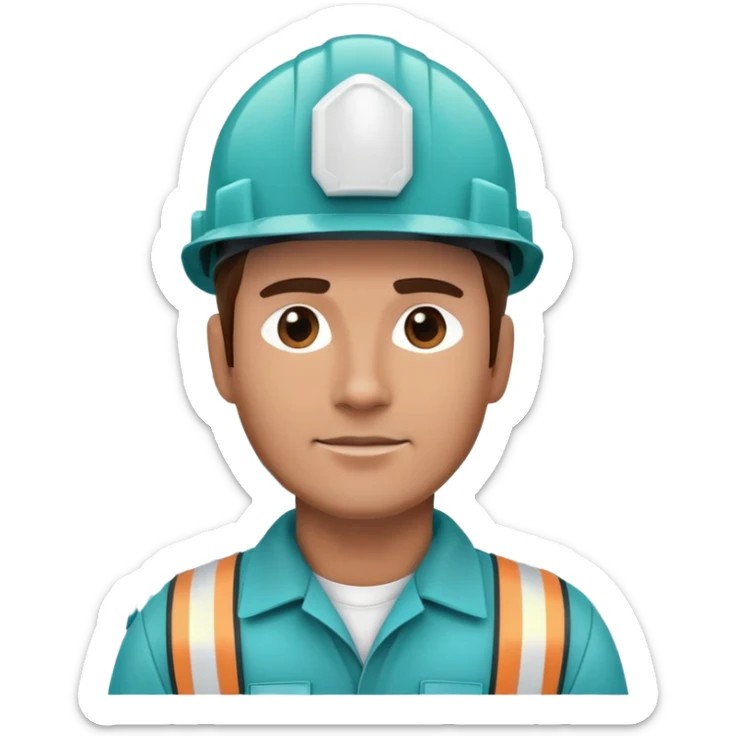 Male oil rig worker in uniform and safety helmet, cool tones with sky blue, teal green, white, and light gray sticker