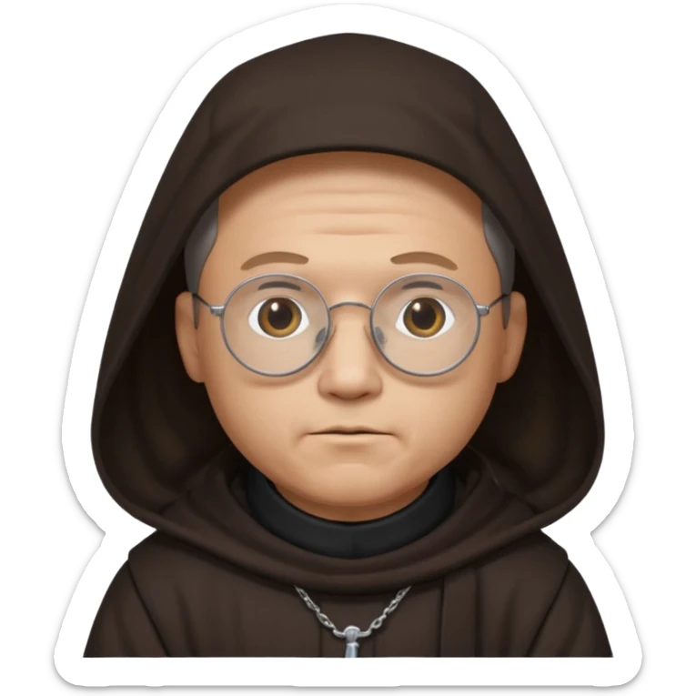 Monk priest prayer black habit with hood round black glasses done light brown wavy hair under hood remove the medallion smaller more round glassed age 46 remove necklace thinner or more oval face  sticker