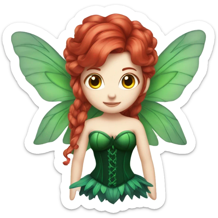 Fairy with long red hair pale skin deep green wings and green corset sticker