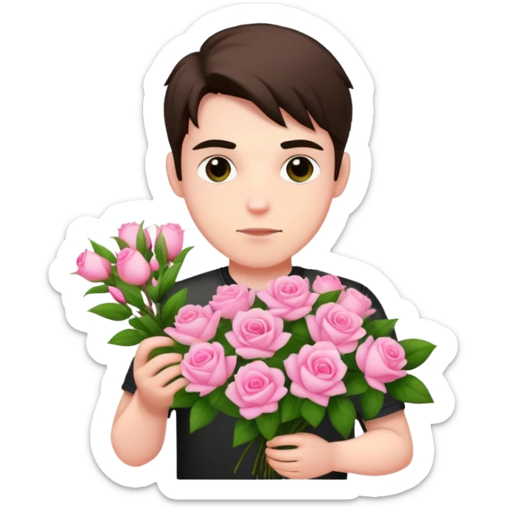 A cool bad boy with fair skin holding a bouquet of pink jasmine roses sticker