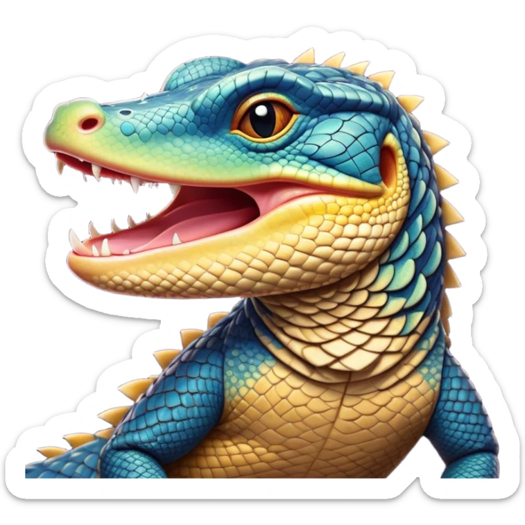 Cinematic Cute Yawning Monitor Lizard Portrait Emoji, Head tilted slightly with a dramatic, wide-open yawn, showcasing textured, patterned scales and sleepy, half-closed eyes exuding relaxed charm, Simplified yet irresistibly adorable features, highly detailed, glowing with a soft, cozy glow, high shine, relaxed yet expressive, stylized with a dash of whimsical wildness, soft glowing outline, capturing the essence of a drowsy yet affectionate reptile that appears ready to stretch out for a nap! sticker