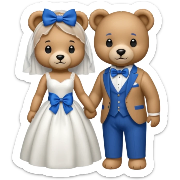 Teddy bear wearing white wedding dress holding the hand to another teddy bear wearing a big royal blue bow tie sticker