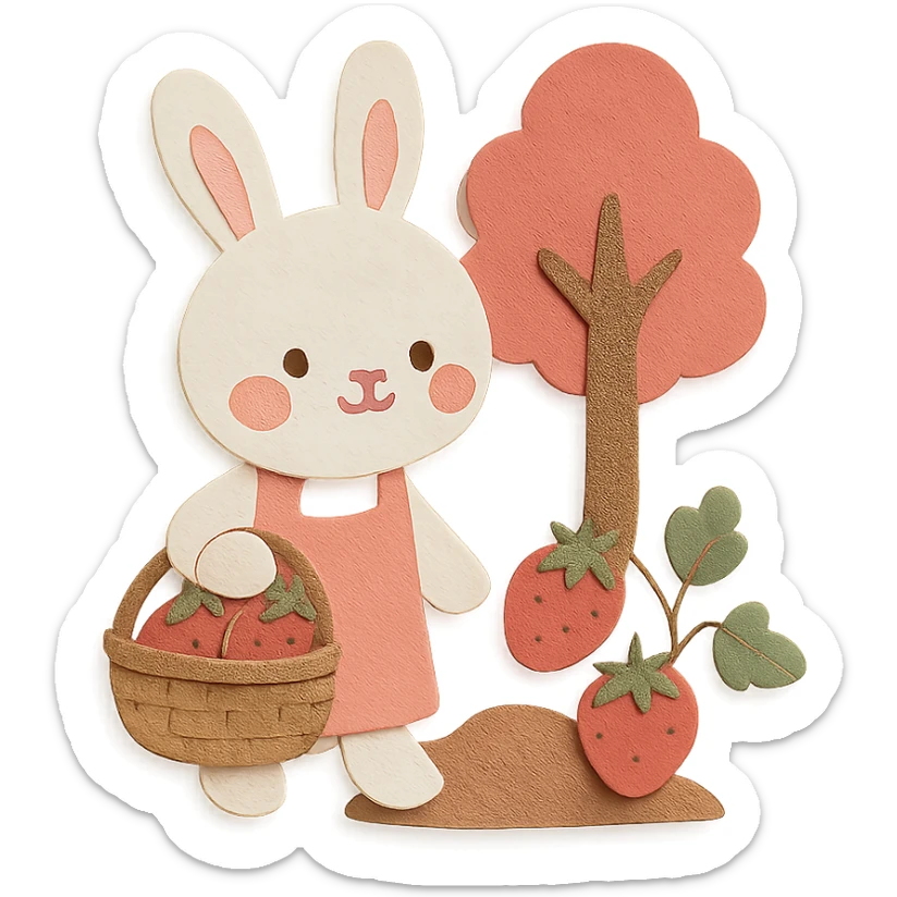 a bunny picking strawberries in the woods, sweet pastel red colors, paper craft style sticker