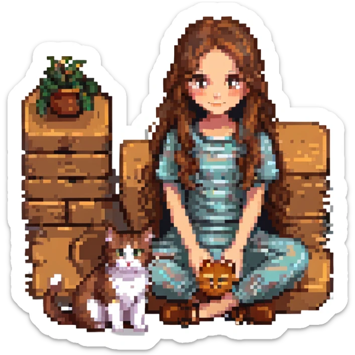 a girl with long wavy brown hair and brown eyes sitting with a cat, pixel art style sticker