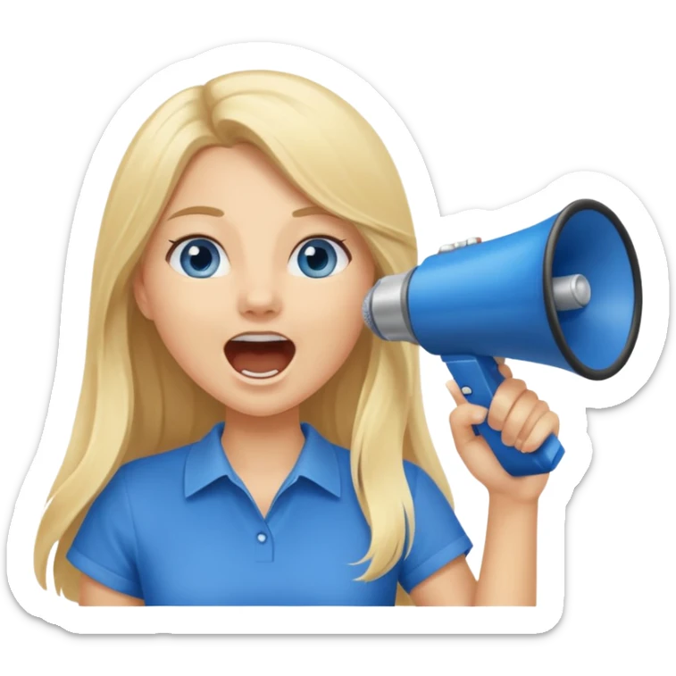  blue eyes blonde girl yelling into megaphone smiling long hair sticker