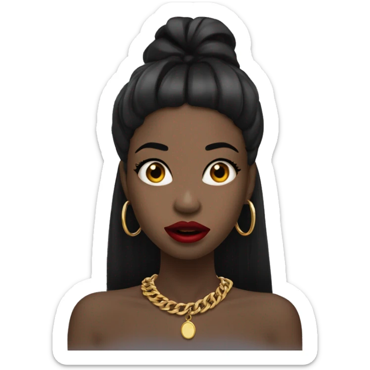 Shocked Black girl with long black straight hair and red lipstick with gold hoop earrings and and a gold necklace  sticker