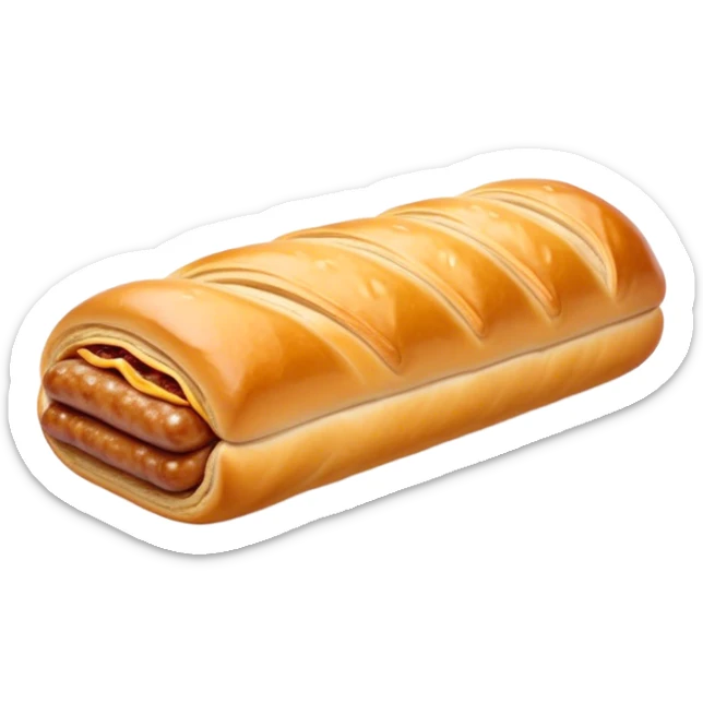 Cinematic Realistic Sausage Roll Dish Emoji, depicted with a crisp, golden pastry wrapped around flavorful sausage, rendered with detailed textures and appetizing lighting. sticker