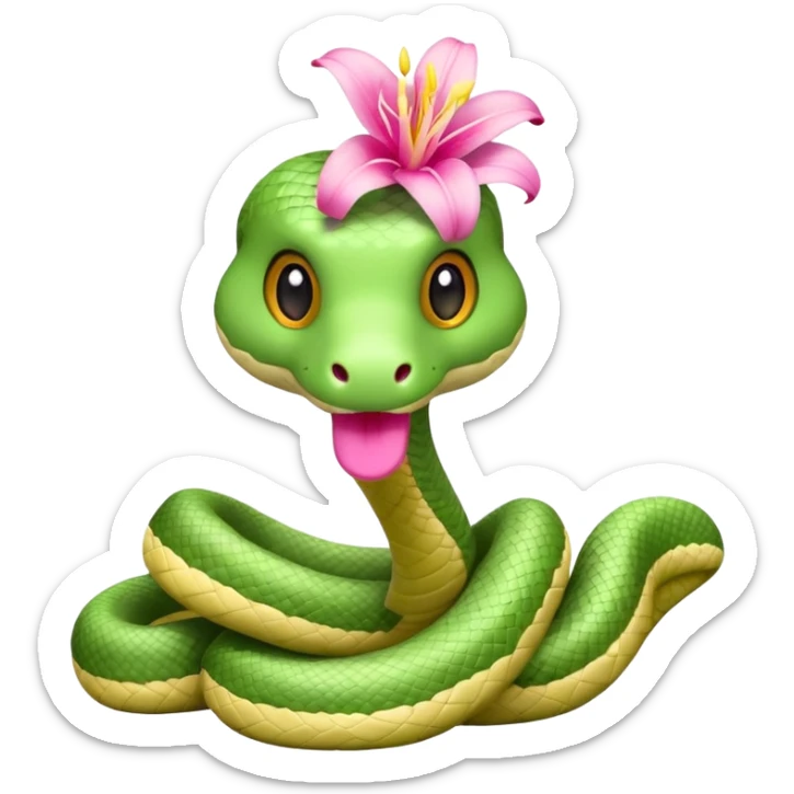 A cute, kind, furry snake doll
with a light green and white body
with a pink lily flower on its head
(no stinger in its mouth) sticker