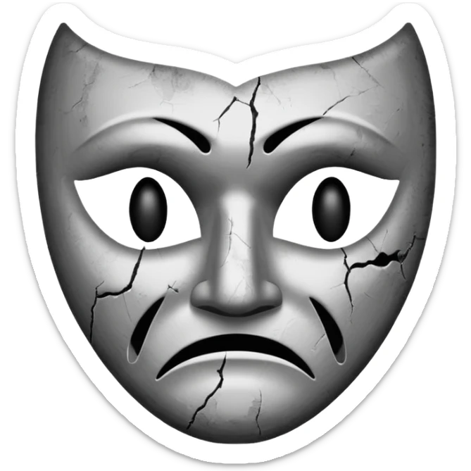 Minimalist emoji-style sticker of a sad theater mask with chipped surface, grayscale tones, one eye empty, slight burn marks

 sticker