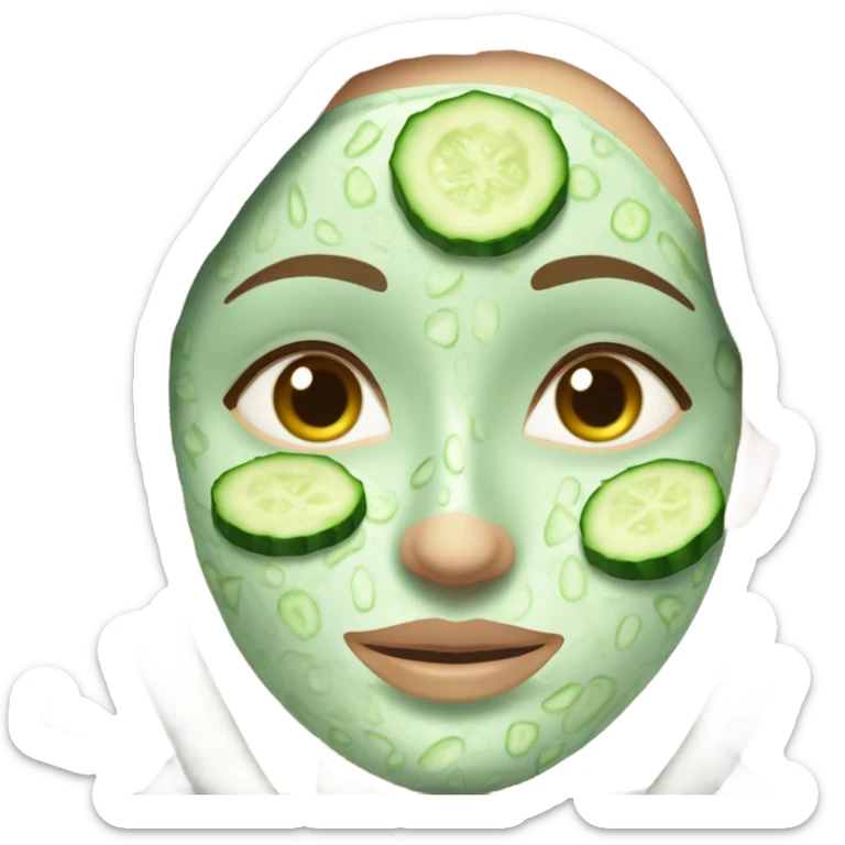 White girl with Brown hair and blue eyes wears a Green clay colored skincare textured mask and puts on cucumbers around her eyes while She relaxes in her white Robe sticker