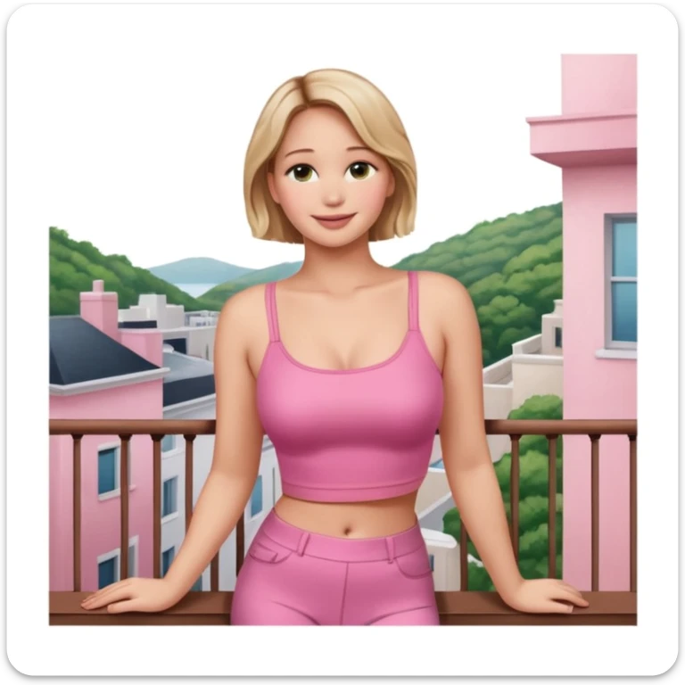 jennifer lawrence, pink crop top leaning on a balcony with a harbor and cityscape in the background, smiling sticker