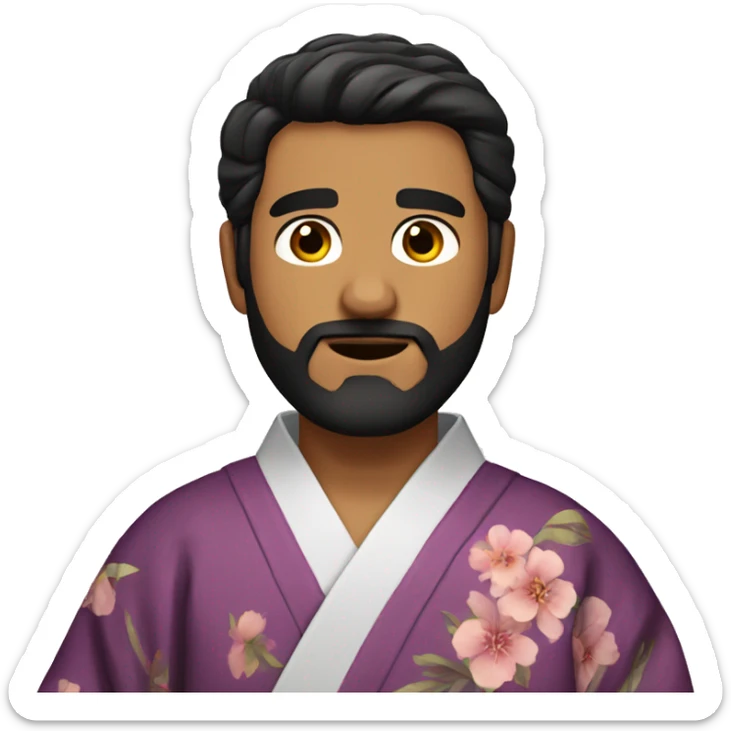 bearded Latino man with dark hair wearing a kimono sticker