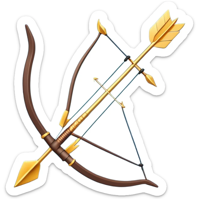 Clash of Clans aesthetic: Cinematic Playful Pixel 3D isometric  Bow & Arrow Emoji, rendered in a 3D vector-style similar to standard emojis with minimal shading and bold, simplified shapes. A compact, distinct form with signature details, softly glowing with a pixelated adventure charm. Simplified yet unmistakably iconic, highly detailed and consistent, glowing with a soft radiance and high shine. Stylized with a touch of classic pixel-art charm and a soft glowing outline, capturing the essence of a beloved gaming relic with a friendly, playful manner! sticker