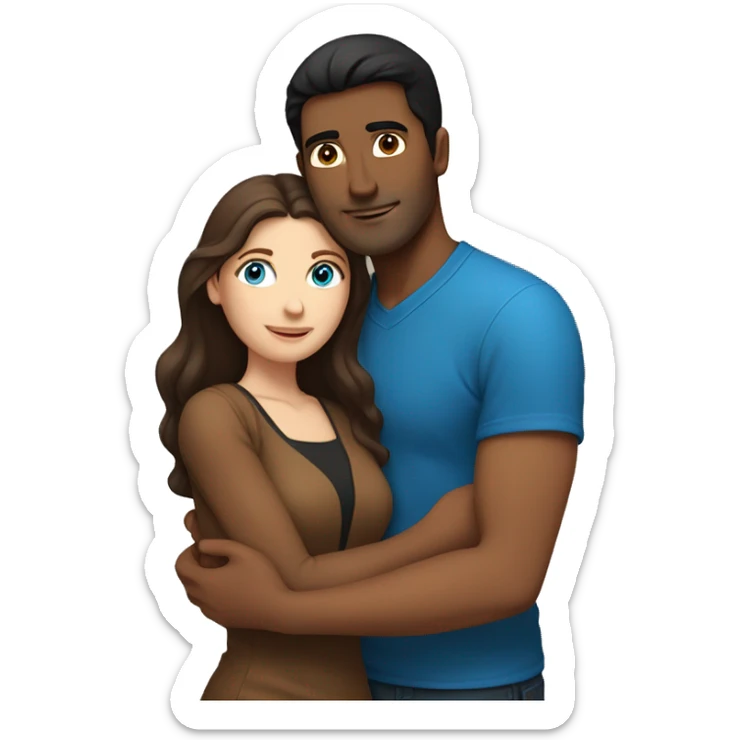 Couple embracing with arms around each other; white woman with blue eyes and brown hair, Indian man with black hair  sticker