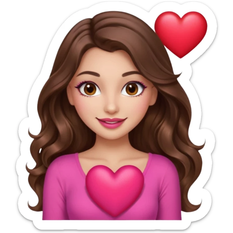 girl with long wavy brown hair, brown eyes, long lashes makeup, sexy pink lips, light to medium complexion, wearing a pink sexy top, smiling, holding a big heart sticker