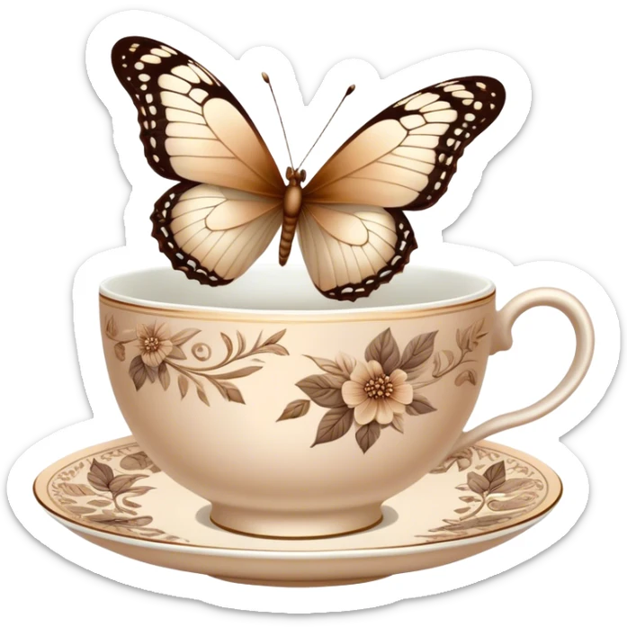 A delicate butterfly with pastel beige  wings, resting on the edge of a perl porcelain teacup adorned with intricate brown floral patterns. sticker