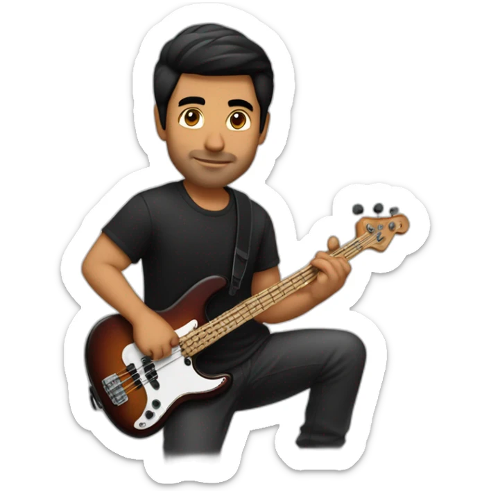 Punjabi, man, very strong, short black hair, wearing black shirt, playing electric bass sticker