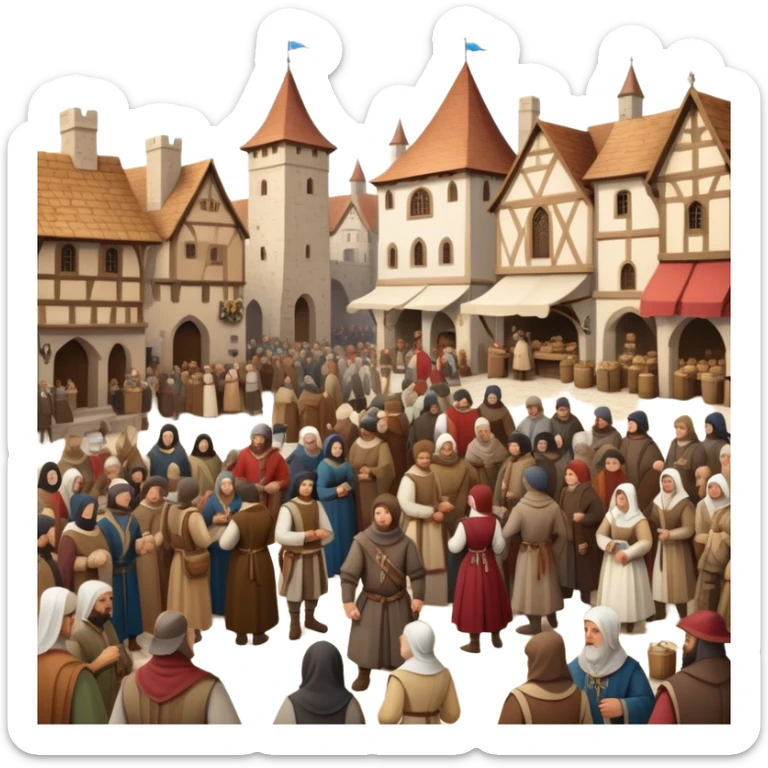 Medieval town crowd scene with many people together, mix of wealthy merchants and common townspeople gathered in a marketplace sticker
