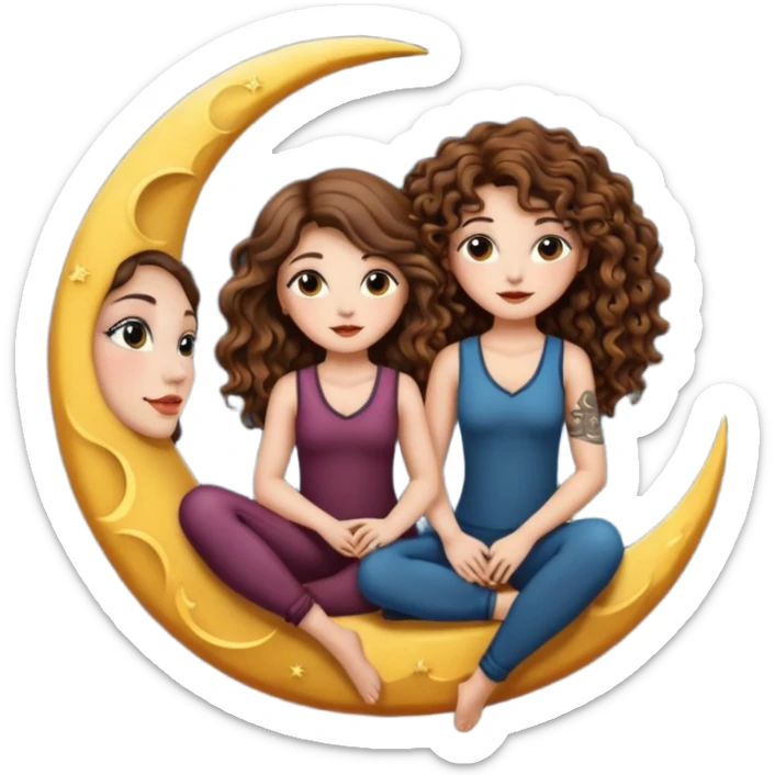 moon bench — long wavy brown hair tattooed woman and short tight curly brown hair woman — sitting on crescent moon sticker