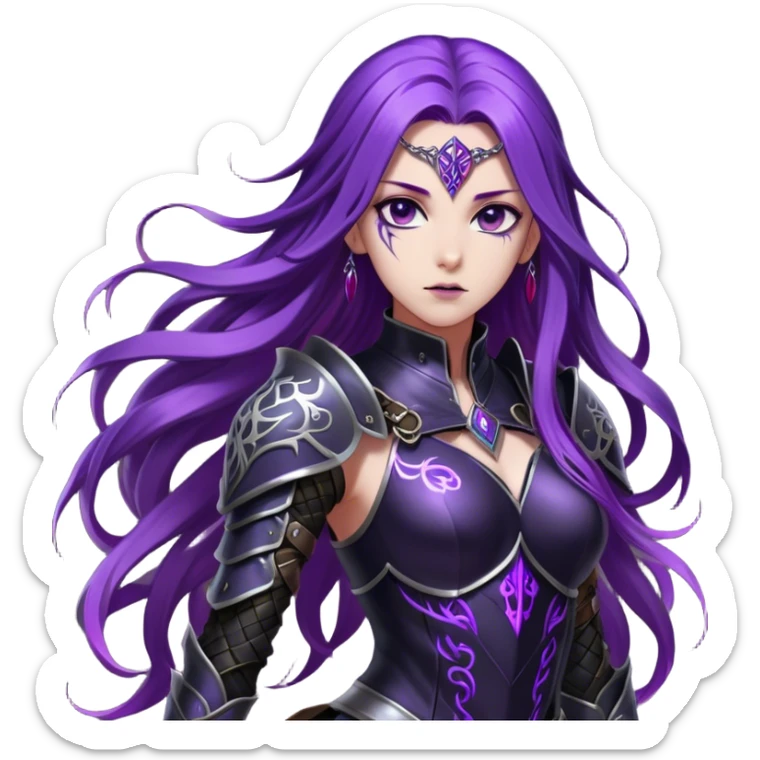 A mysterious warrior girl with long, flowing purple hair cascading down her back, strands catching the dim light like silk. Her piercing violet eyes glow. She wears sleek black armor, a perfect fusion of elegance and lethality, adorned with intricate silver engravings resembling ancient runes.  sticker
