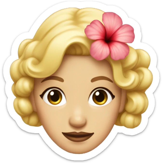A blonde pin curled woman with a hibiscus flower in her hair like a 60s starlet sticker