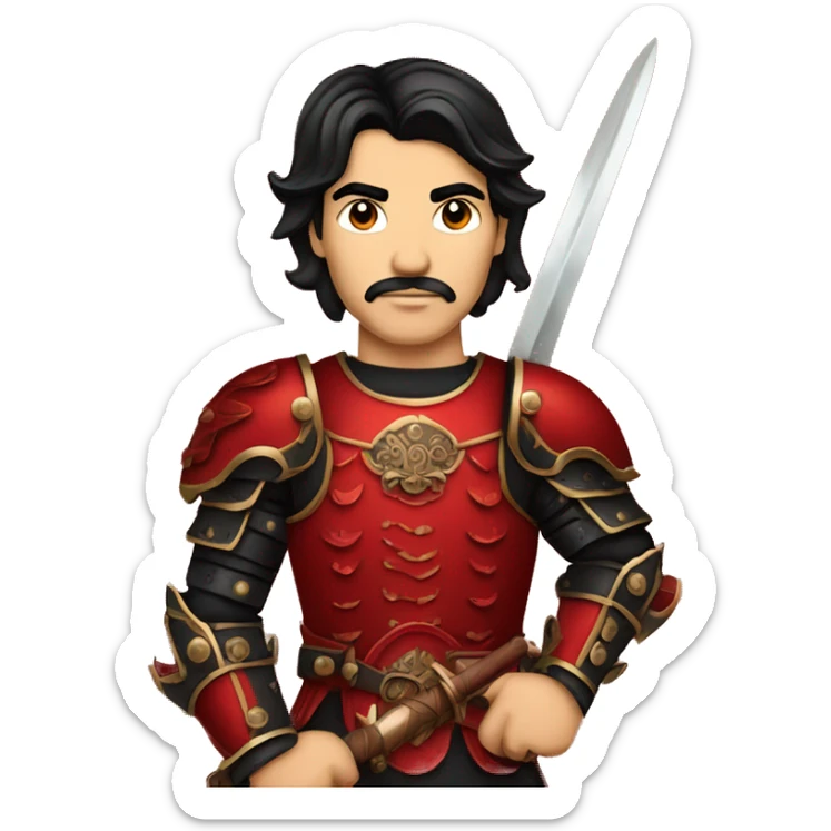 Vintage Tanned man with black hair and stern face wearing red and black armour holding sword vintage intricate patterns sticker