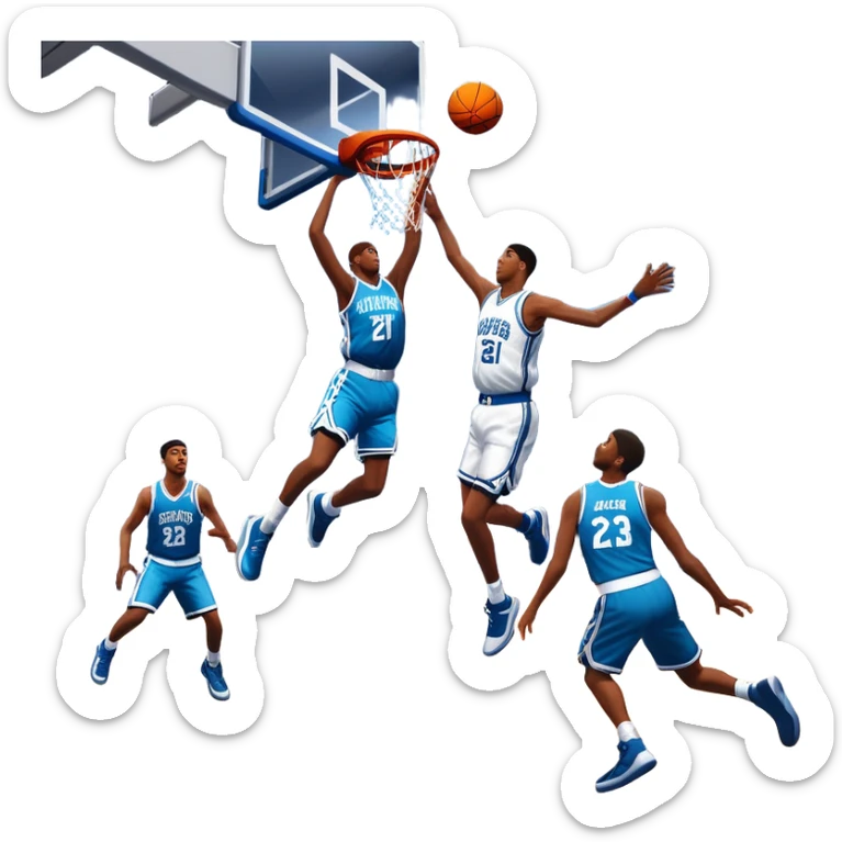 An icon featuring a basketball court with players in action, inspired by NBA 2K25. A player jumps for a dunk, with the ball mid-air. Bright lights illuminate the court, symbolizing the excitement of sports simulation games. Transparent background emphasizes the energy. sticker