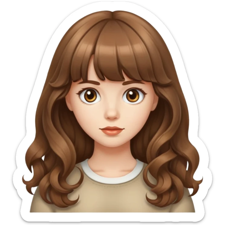 Caucasian girl with brown blunt bangs and big wavy hair sticker