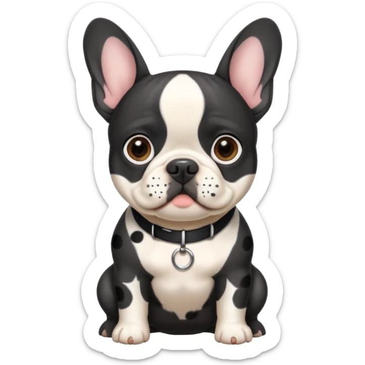 French bull dog all black face and white body with black spots on it with a collar that says Lilo sticker