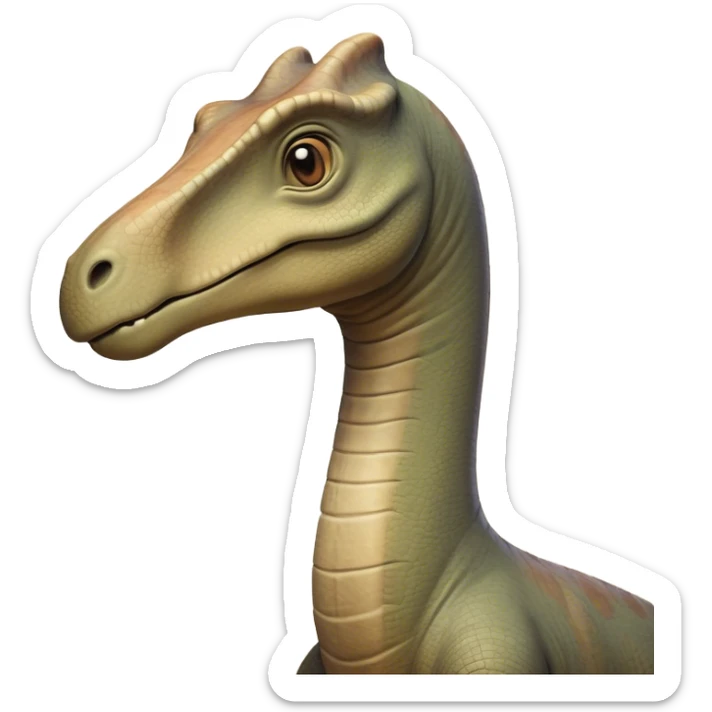 Cinematic Noble Brachiosaurus Portrait Emoji, Poised and majestic, with a towering, elongated neck stretching gracefully from a robust, column-like body, a small, gentle head with curious eyes, and subtle, textured skin in earthy tones, Simplified yet sharply defined features, highly detailed, glowing with a soft, golden radiance, high shine, intelligent and serene, stylized with an air of prehistoric grandeur, focused and calm, soft glowing outline, capturing the essence of a watchful and confident Brachiosaurus that appears ready to gracefully emerge from the screen with effortless power! sticker