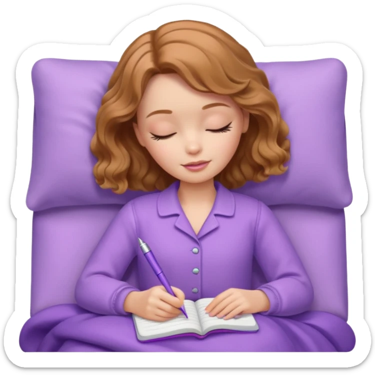 White Barbie girl Chestnut bob wavy hair sleeping with In lavender clothes, he writes in a notebook sticker