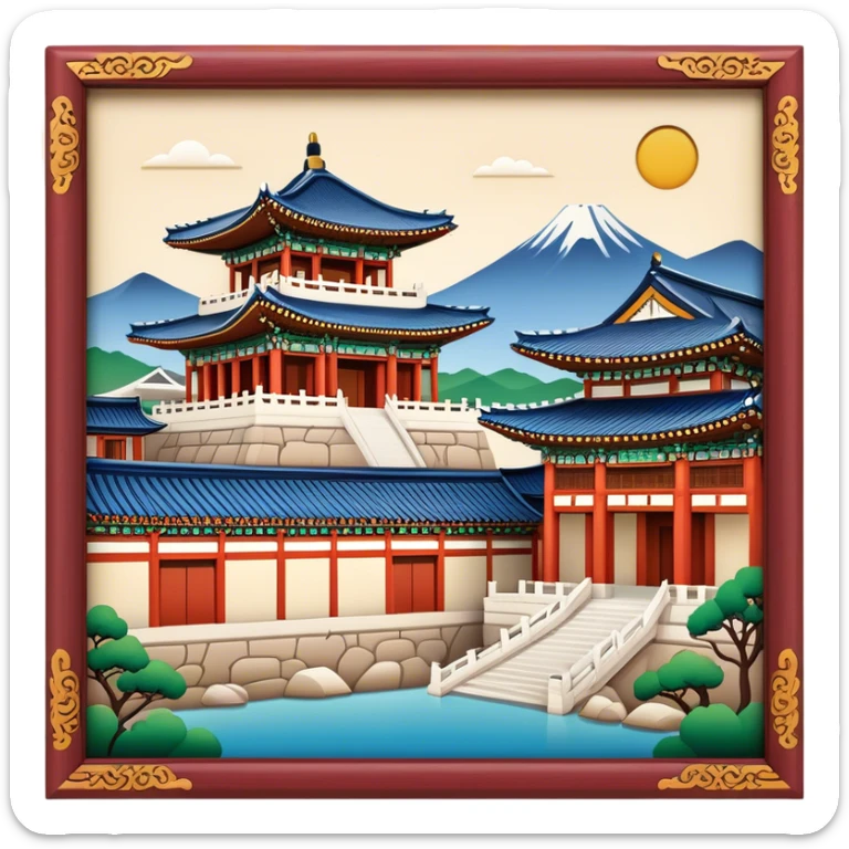 Cinematic Realistic Gyeongbokgung Palace Landmark Emoji, rendered with traditional Korean architecture, ornate wooden carvings, and vibrant colors, set against the backdrop of modern Seoul with soft evening light. sticker