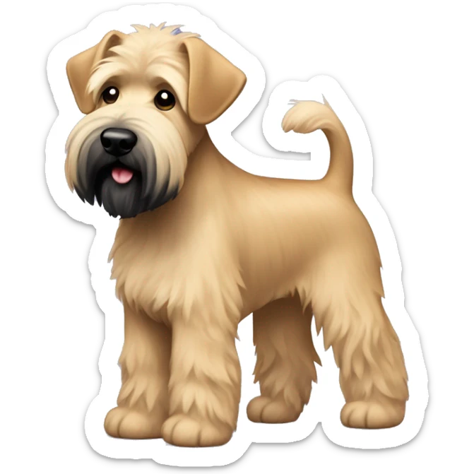 Wheaten terrier with a fluffy puppy haircut and black ears and chin sticker