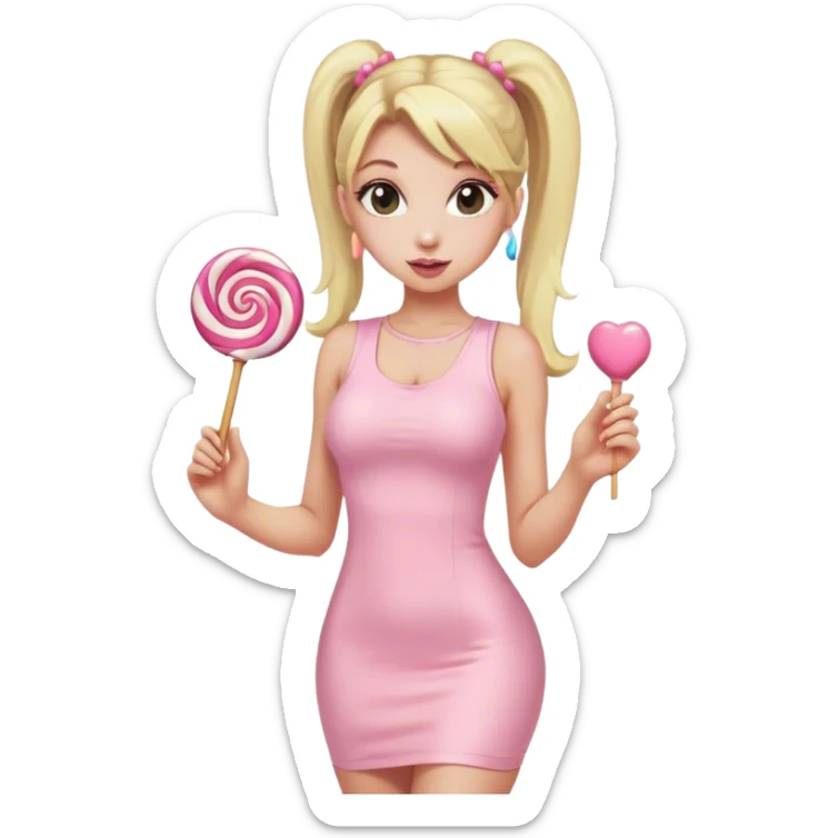 Beautiful woman with long blonde ponytails wearing light pink bodycon dress holding a lollipop sticker