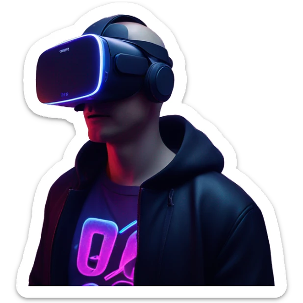 Russian man wearing a black hoodie with "OMG" letters on it and VR headset oculus quest 2 in a cyberpunk VR environment with violet neon lighting. Showing direction with hand sticker