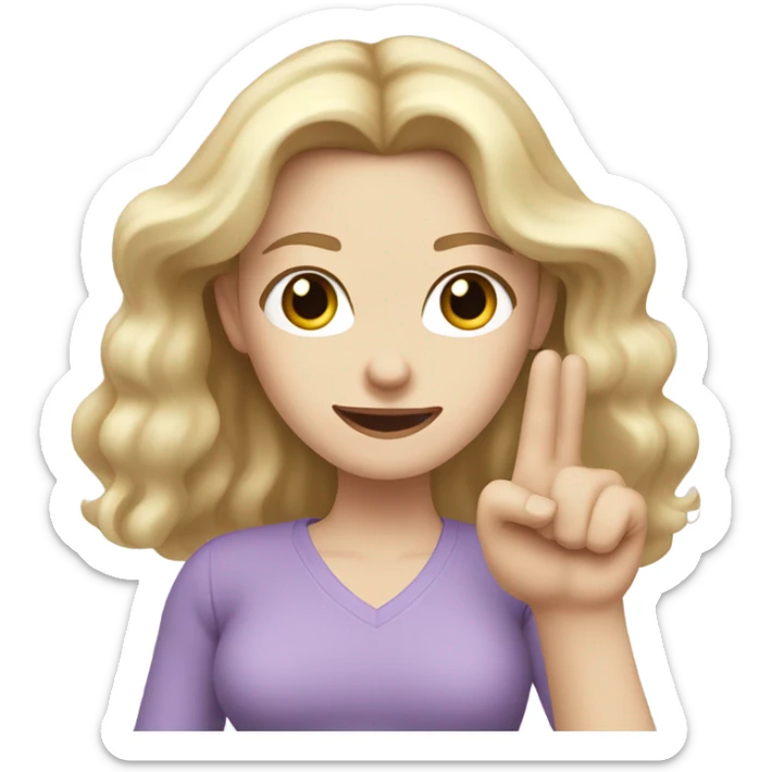 Woman, white skin, pale skin, long hair, blonde hair, wavy hair, lavender top, finger guns sticker