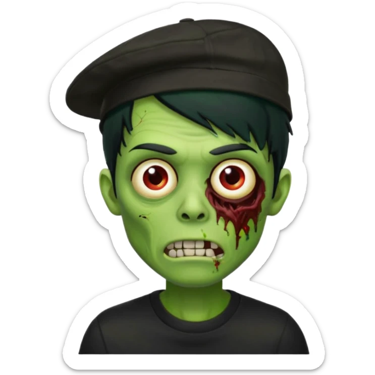 Green zombie, black hair, designer cap turned to the left, black shirt. Apple iOS style. sticker