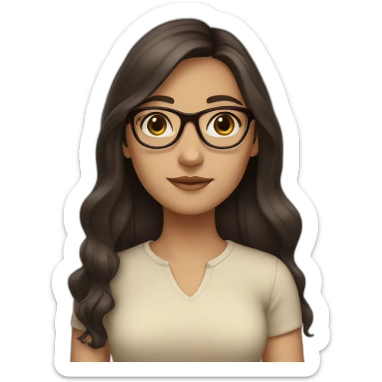 A girl with long dark brown hair and dark brown eyes and beige skin wearing glasses sticker