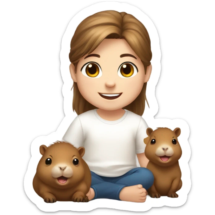 happy baby white child grinning with long brown hair kind of messy hair, smiling next to capybara sticker
