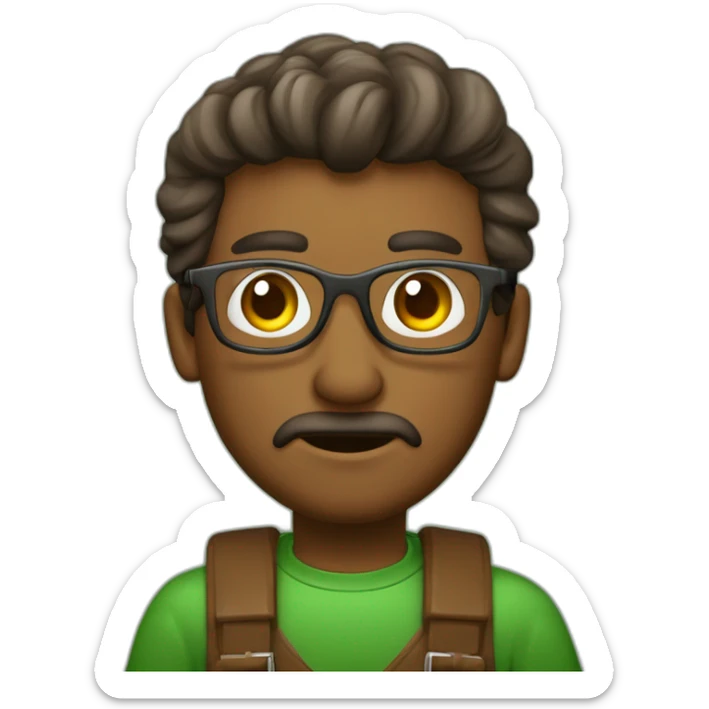 hombre con lentes y un peinado color marrón clásico de lado, apuntando hacia el frente de medio lado mientras guiña un ojo , usando una franela balnca con dordes verdes sticker