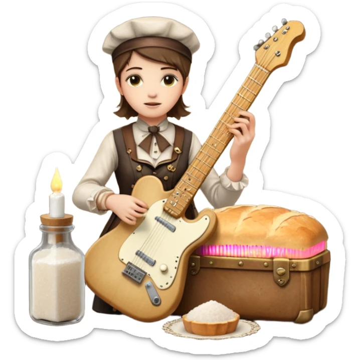 cinematic ultra HD steampunk victorian - a bottle of salt (salt shaker) and a loaf of peasant bread with a small electric telecaster guitar - still life composition sticker