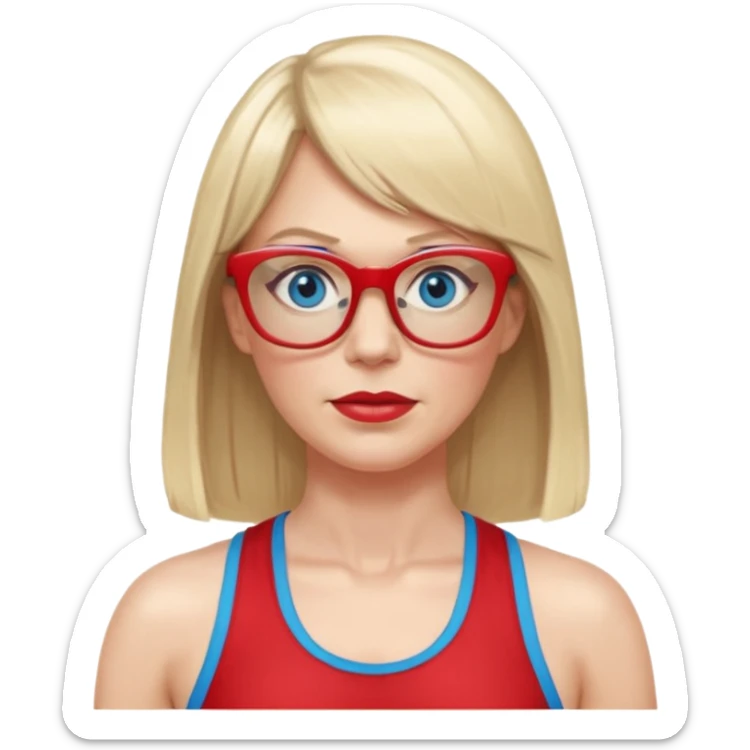 45 yr old white woman, pale skin, long straight blond hair parted in center, blue eyes, bangs, clothes for gym, big red glasses sticker